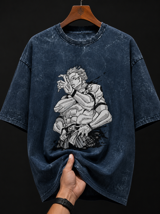 Premium Acid Wash Anime Oversized T-Shirt Featuring Sukuna | Unisex Graphic Tee